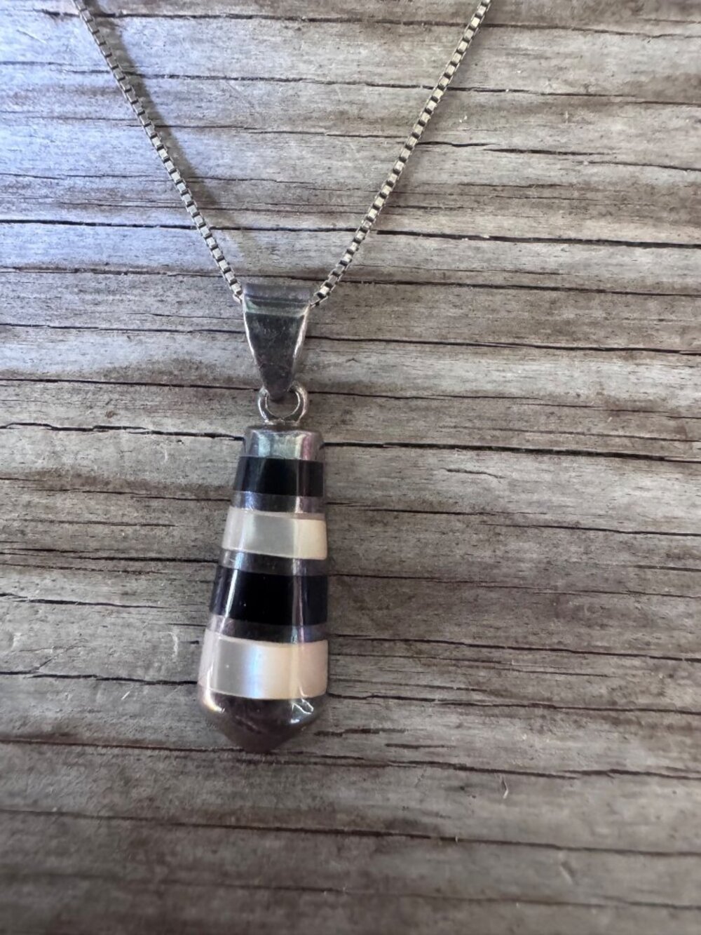 Sterling Silver Onyx Mother Pearl Inlay Pendant Necklace 925 Italy 18” Chain